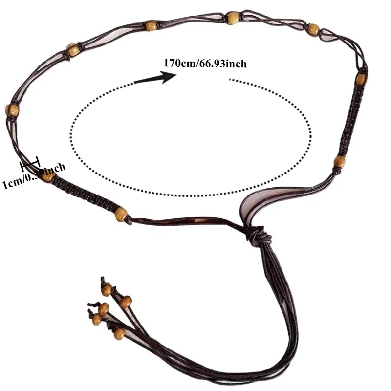 Trendy Retro and Minimalist Waxed Cord Belt Fashionable Ethnic-Style Braided Belt; Beaded Waist Cord Versatile Thin Women’s Belt