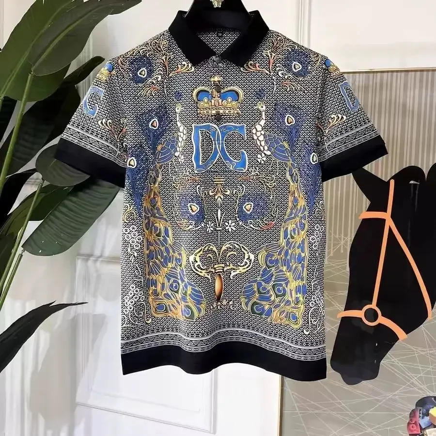 

Summer new European and American trendy brand crown print t half-sleeved top fashionable slim-fitting men's lapel short-sleeved