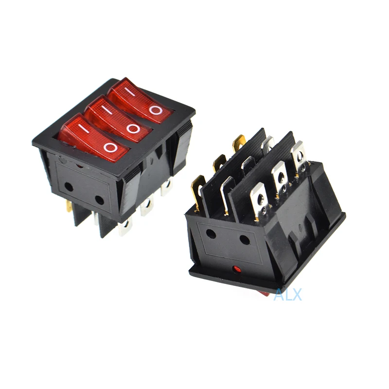 2PCS KCD4 three ways 9 PIN Push Button rocker Switch with red led light ON/OFF   power switches 16A 30A/250V Triple 9PIN