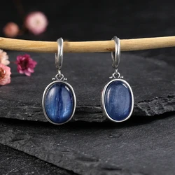 Simple Style Large Oval Natural Kyanite Silver Plated Hoop Earrings Gems Elegant Pendant Luxury Jewelry Anniversary Gift