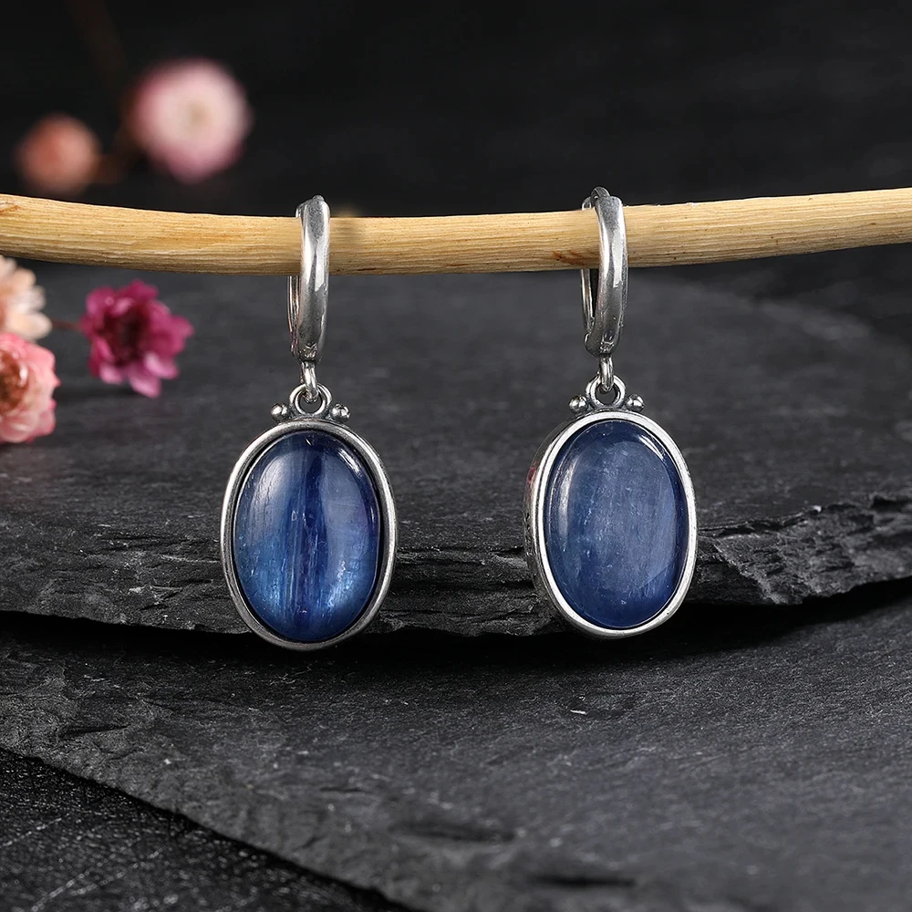 Simple Style Large Oval Natural Kyanite 925 Sterling Silver Hoop Earrings Gems Elegant Pendant Luxury Jewelry Anniversary Gift