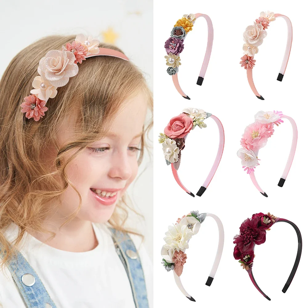 New Handmade Flower Girls Headbands Cute Pearl Feather Wedding Crown Princess Dance Party Headwear Fashion Hoop Accessories