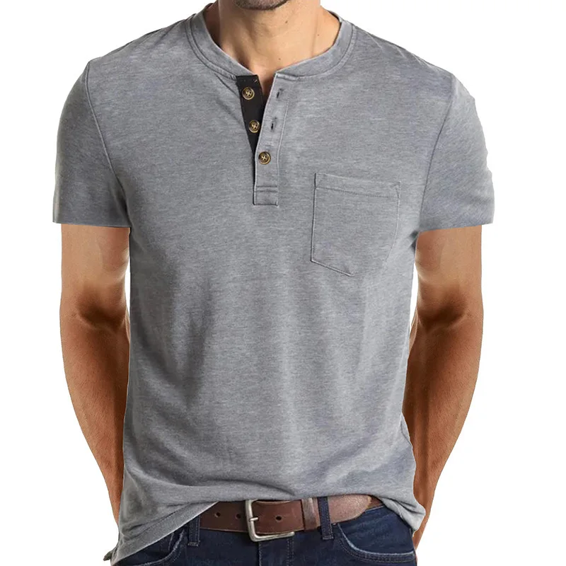 Men's Summer Short Sleeve T-Shirt Men's Henry T-Shirt Clothing Crew Neck Top Shirt Men Festival Hombre Tee Blouse