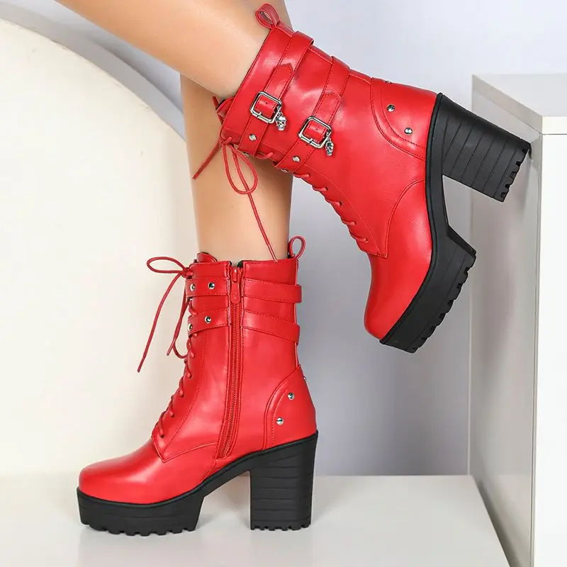 SIMLOVEYO Female Brown Low Cut Boots Rounded Toe 9cm Chunky Heel 3.5cm Sole Zip Tie Up Big Size 42 43 44 Career Woman Boots
