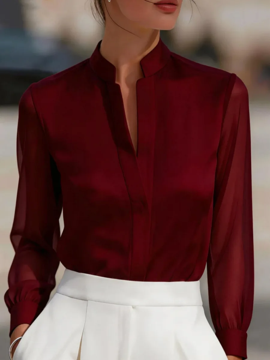 Damen Glänzende Satin-Bluse mit Stehkragen, V-Ausschnitt und Transparenten Langen Ärmeln – Detail 8