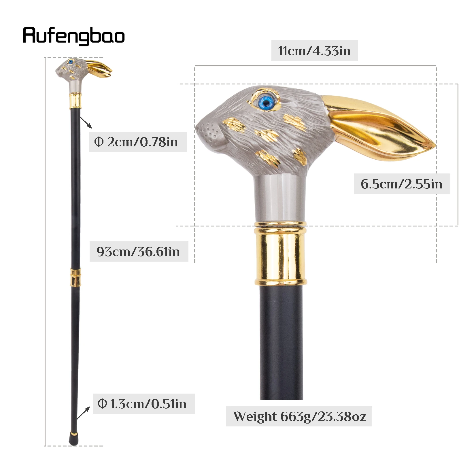 Silver Golden Rabbit Long Ear Gentleman Walking Cane Fashion Walking Stick Gentleman Crosier Knob Walking Stick 93cm