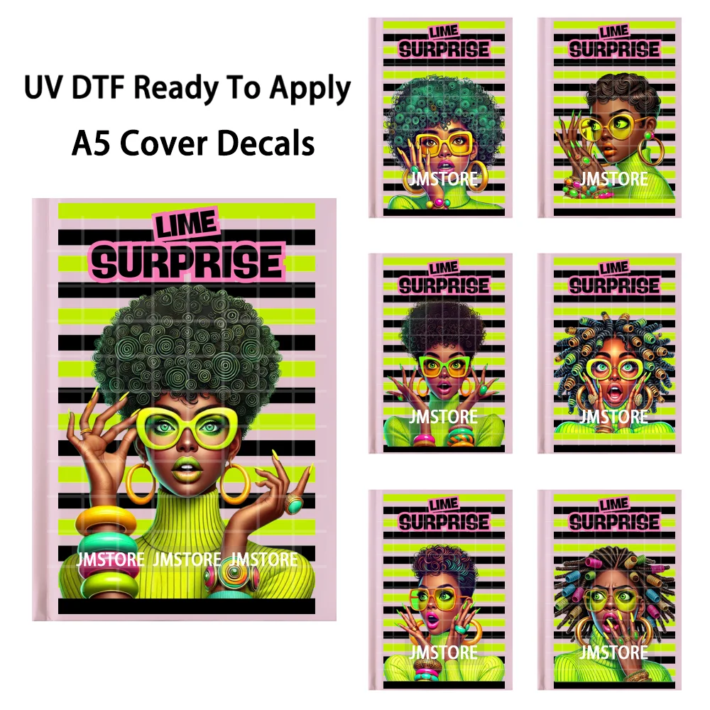 

Наклейки для обложки блокнота A5 с изображением афроамериканской королевы Surprised Lime, готовые к применению, водонепроницаемые, с технологией UV DTF.