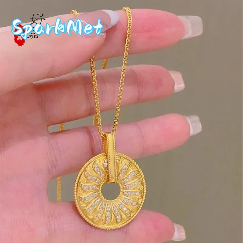 

SparkmetLuxury fashion 9999 24K real gold sun wheel necklace noble sweater chain diamond pendant niche high-end feeling