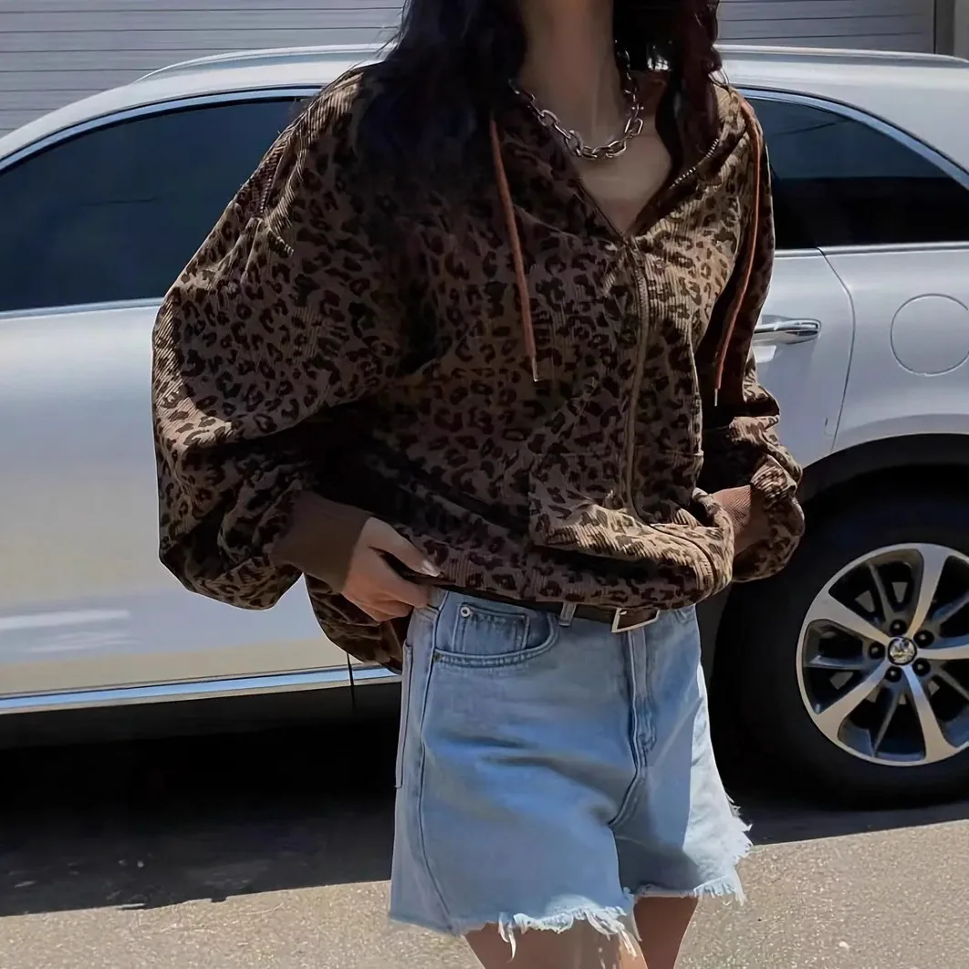 

Women's Hoodies 2025 Autumn Niche Retro Cardigan Leopard Print Hoodies High Street Hooded Long Sleeve Loose Versatile Outerwear