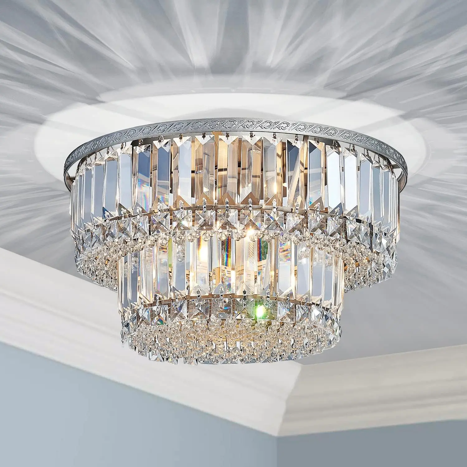 Crystal Chandelier with 5 Lights and 2-Tier,Modern Flush Mount Ceiling Light Fixtures Modern Chandelier