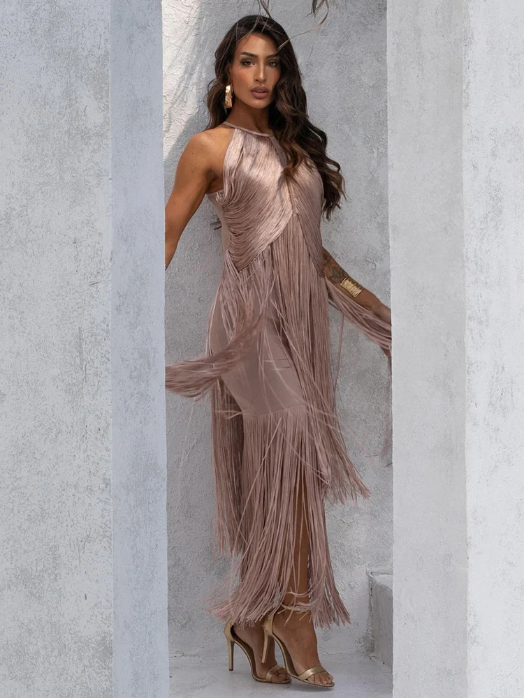 Vestidos longos com franjas marrons – Vestido de noite sexy sem mangas com borlas em camadas Elegante roupa de coquetel para festa
