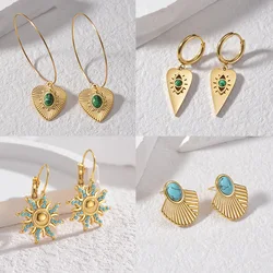 French Vintage Stainless Steel Heart Turquoise Inlay Ribbed Scallop Earrings for Women Personality Fashion Wedding Jewelry Gifts