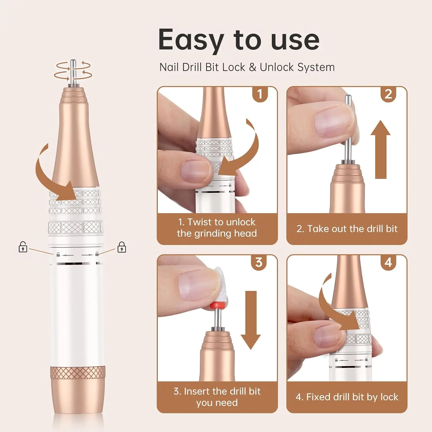 مثقاب أظافر كهربائي، 40000 دورة في الدقيقة، قابل لإعادة الشحن مع 12 قطعة لأظافر الأكريليك والجل، مجموعة ملفات إلكترونية (AB White Diamond) #6