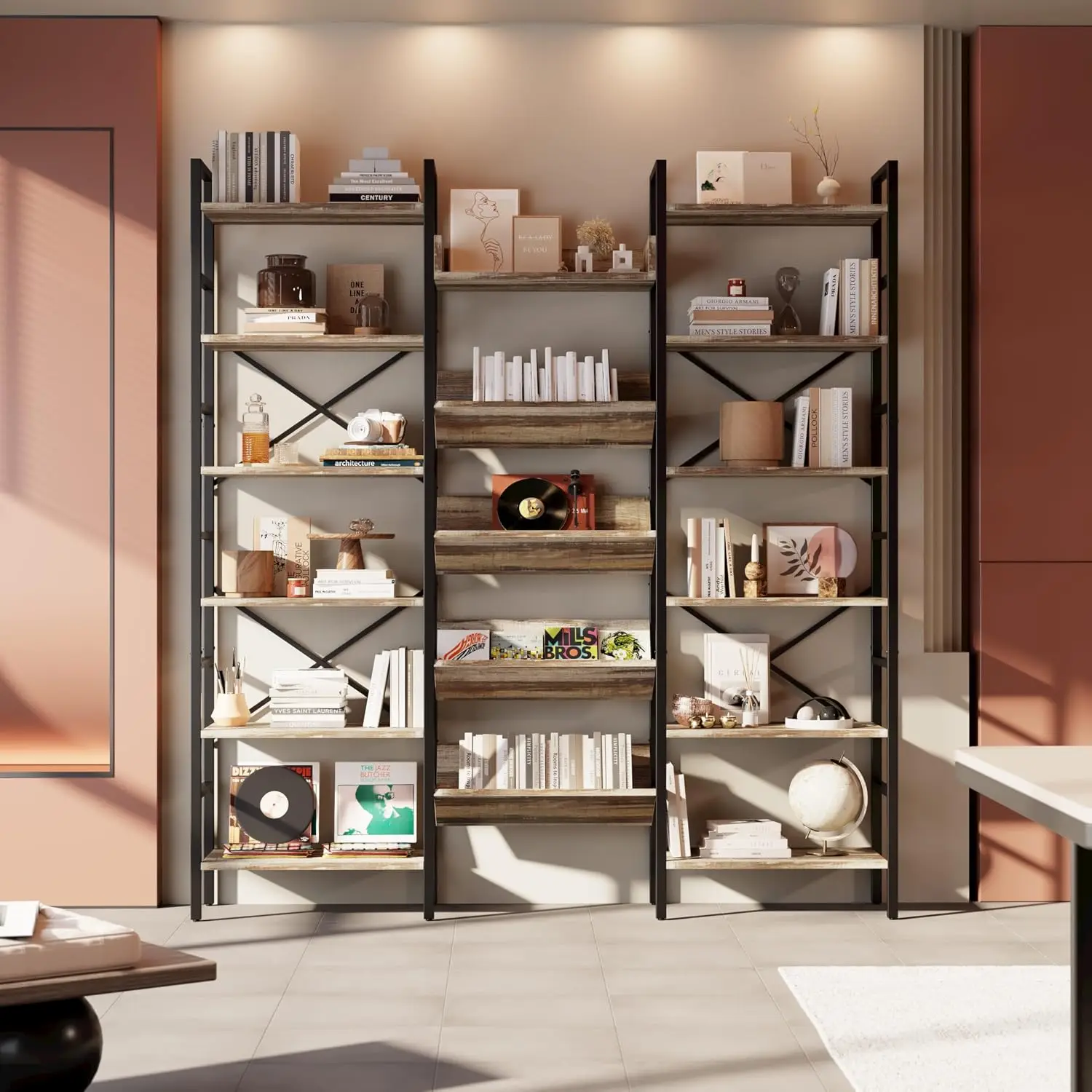 Industrial 6-Tier Triple Wide Bookshelf 72.8