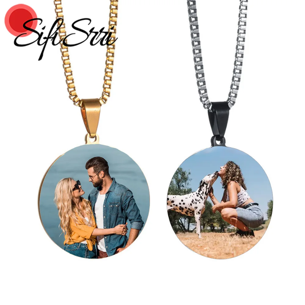 Sifisrri Custom Color Picture Necklace Stainless Steel Jewelry For Women Men Round Pendant Engrave Text Personalized Family Gift