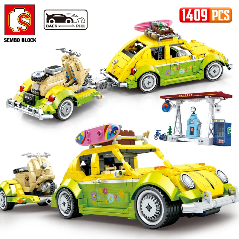 SEMBO BLOCK City Pull Back Classic Cute Car Model Building Blocks Tourist Motorcycle Vehicle Bricks Toys For Children Gifts