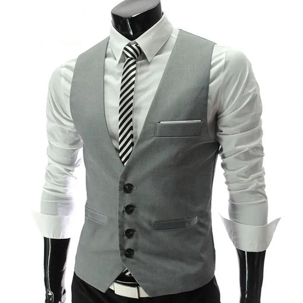 Simple Pockets Suit Vest Formal Business Vest Sleeveless Men Solid Color Workwear Workwear