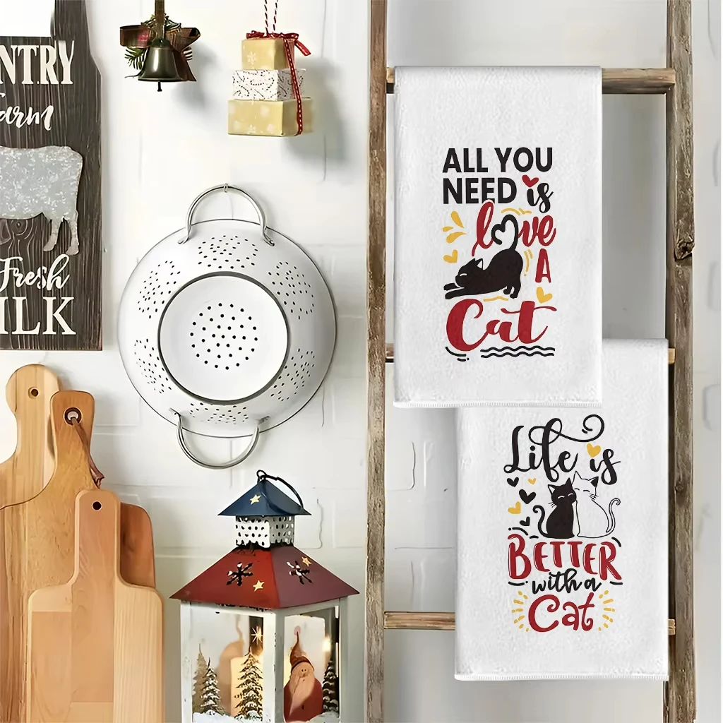 Lettered Cute Cat Kitchen Towels 2 Pcs Super Absorbent Soft Cleaning Cloth For Cooking Baking Tea Hand Towel Set