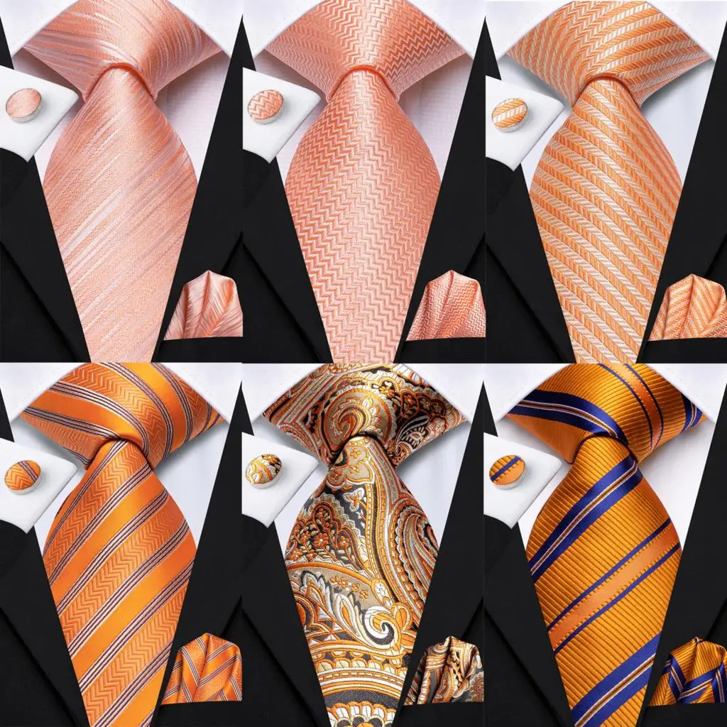 

Striped Orange Tie For Men 2023 New Elegant Mens Necktie Pocket Square Cufflinks Groom Wedding Accessory Hi-Tie Design Wholesale