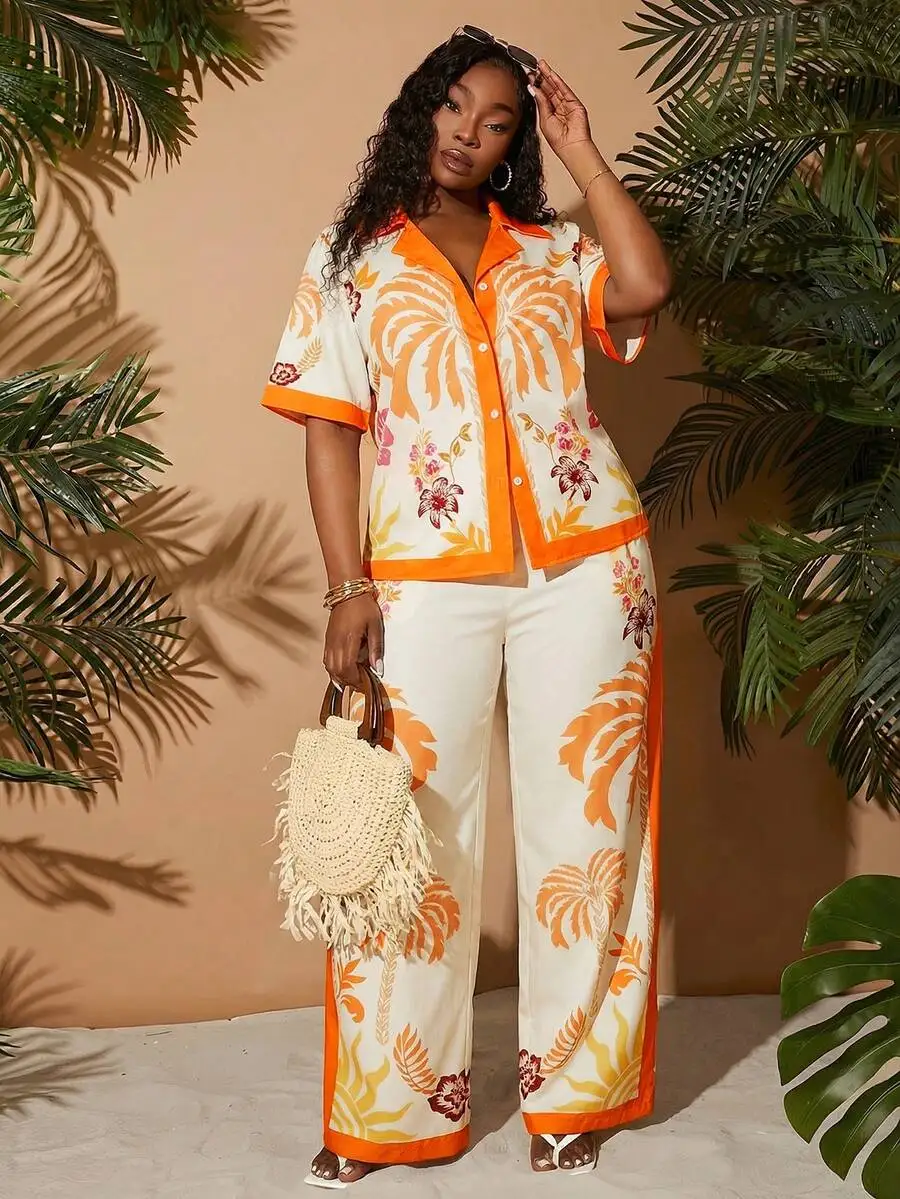

Plus Size Tropical Print Two Piece Set Women’s Short Sleeve Shirt And Wide Leg Pants Summer Vacation Outfit
