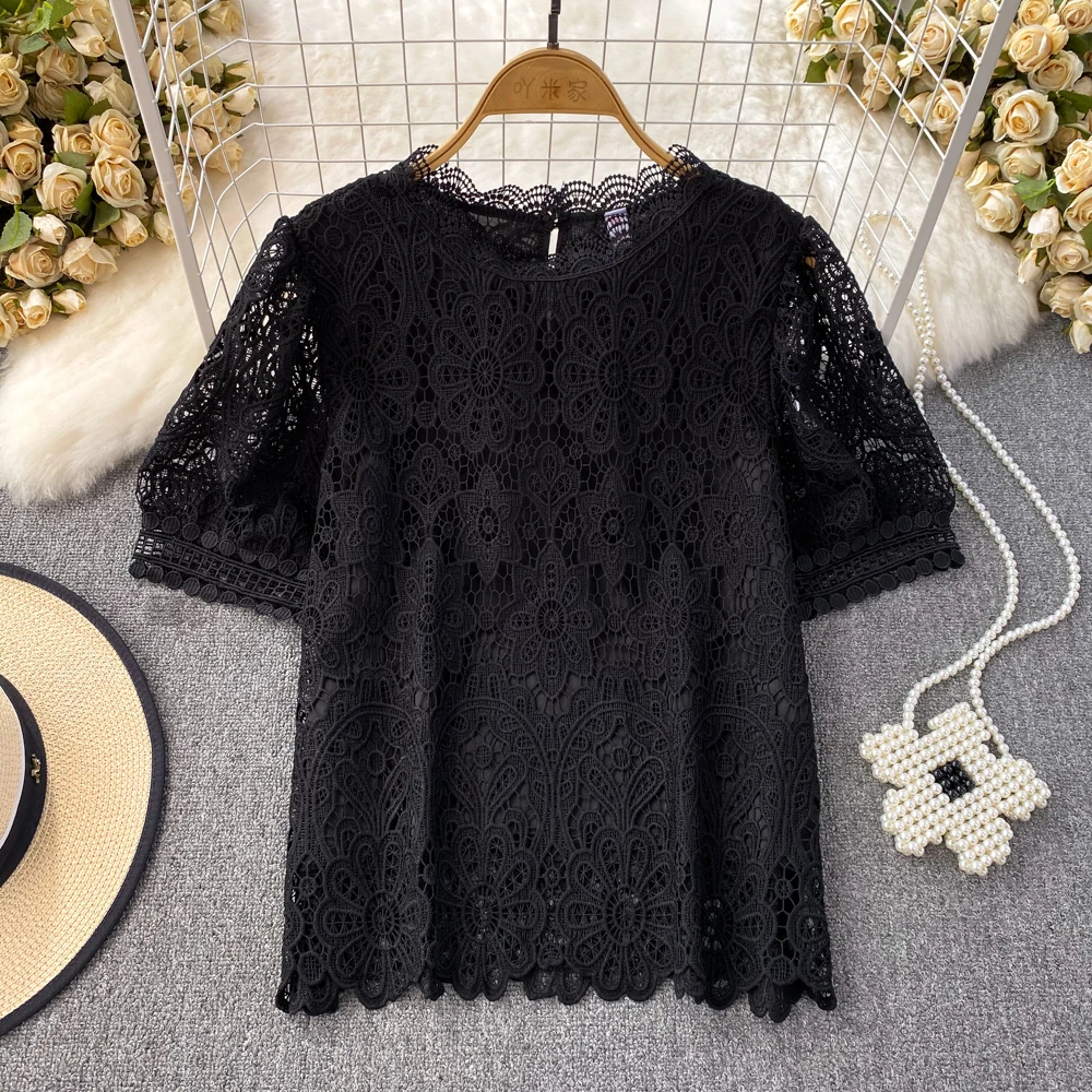 Chic Hook flower Hollow out Lace Shirt&Blouse Women\'s Tops Summer New Solid Blusas de verano mujer Casual blusas mujer elegantes