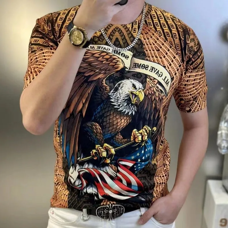 

Men's Clothing Summer high quality Eagle Pattern Printed Handsome Youth Super Fire Pattern Pullover Casual Breathable T-shirts