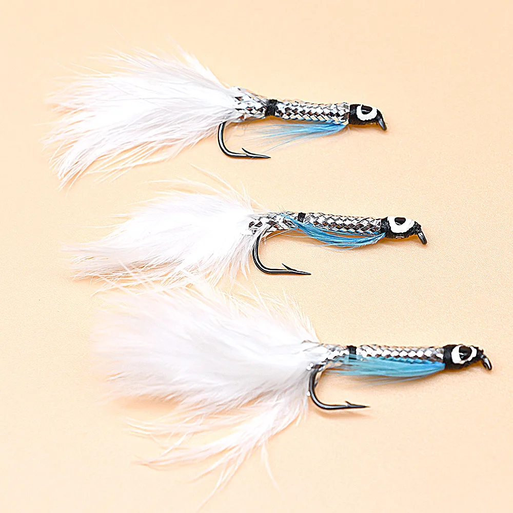 MNFT 10PCS 4# Ghost Tail Fin Silver Body Streamer Minnow Fly Fishing Blue Black & White Fishing Flies