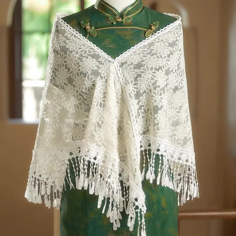 

ww27 outer cheongsam shawl white new Chinese literary scarf dress high-end fringed lace