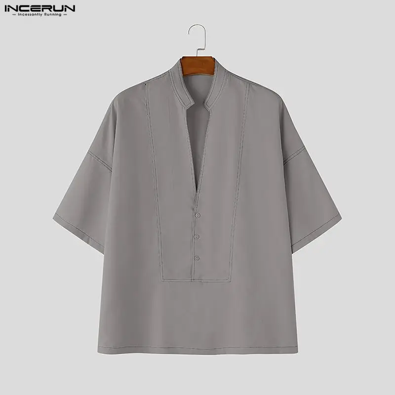 

INCERUN Men Shirt Solid Color Summer V Neck Short Sleeve Summer Tops Streetwear 2026 Loose Fashion Casual Shirts For Man Camisa