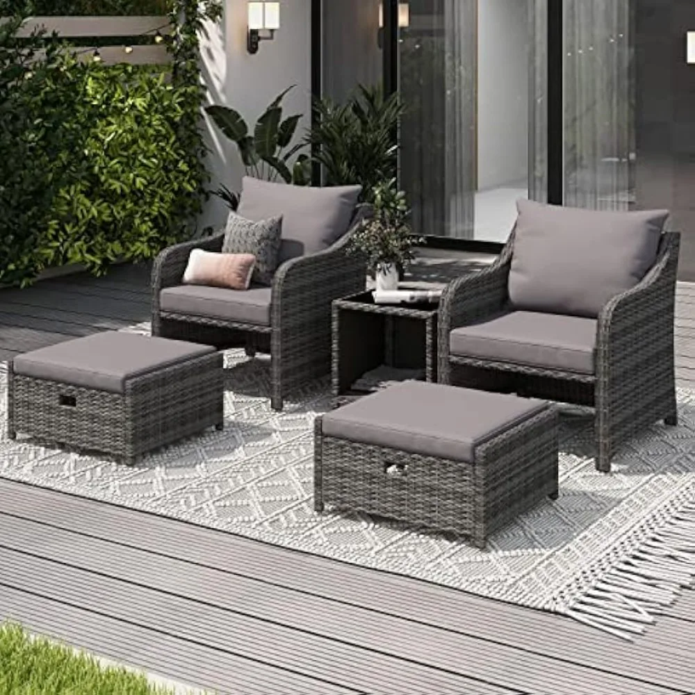 

Outdoor Lounge Chair for Lawn Pool Balcony Garden Furniture Set Cushioned Patio Chairs Set of 2 W/Ottoman&Table Grey Sets