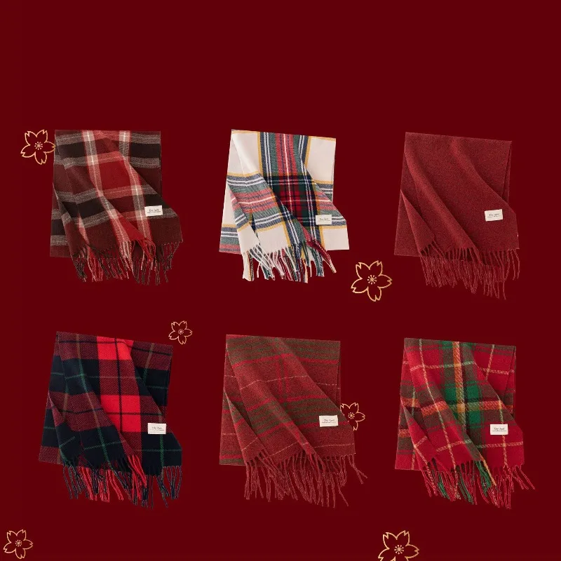 

Cashmere Feel Autumn and Winter New Year Plaid Scarf Atmosphere Women's Imitation Cashmere Ankela Red Scarf Shawl