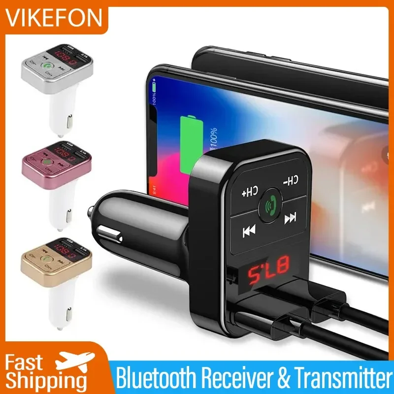 VIKEFON Car Bluetooth 5.0 FM Transmitter Receiver TF Handsfree Car Kit 2.1A Dual USB Car Charger Audio Wireless Car Adapter