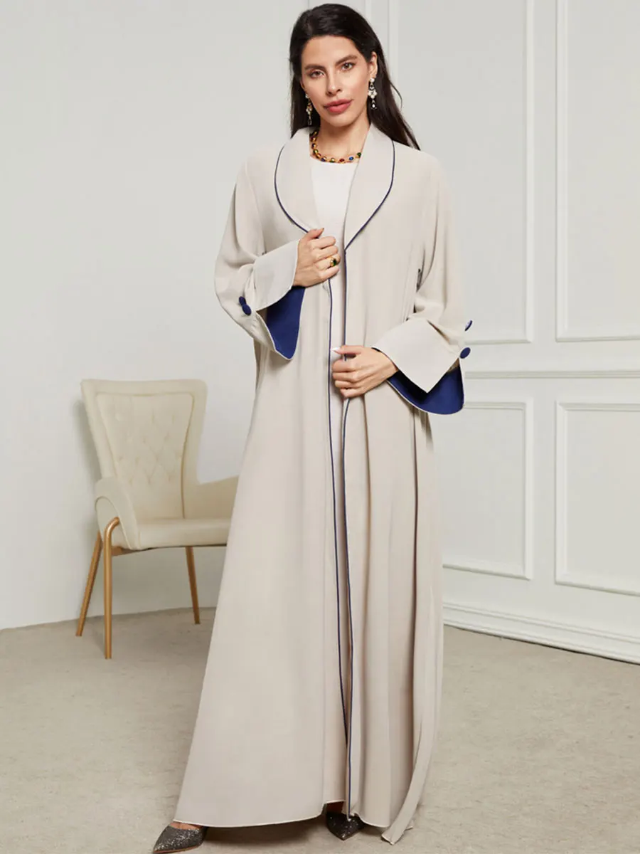 Fashion Muslim Clothing Long Dress Elegant Cardigan Contrast Color Button Robe For Woman Lapel Collar Moroccan Dubai Loose Abaya