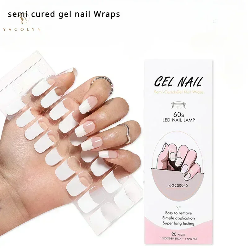

20/Tips NG French Semi cured Gel Nail Strips Valentine's Long Lasting Full Cover Gel Nail Stcikers UV Lamp Need