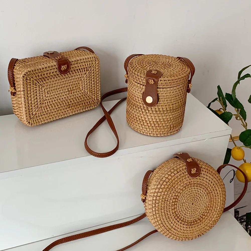 2024 New Bali Vintage Handmade Crossbody Bag Square/Round/Bucket Rattan Woven Shoulder Bag Retro Bohemia Beach Durable Straw Bag