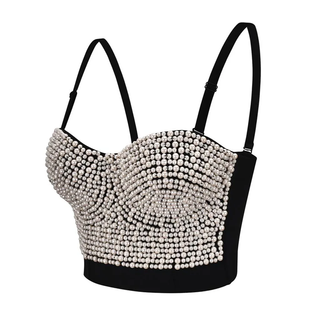 

Sexy Women Crop Tops White Black Pearl Handmade Beading Camis Top Push Up Bras Fashion Y2k Summer Party Club Corset Bra
