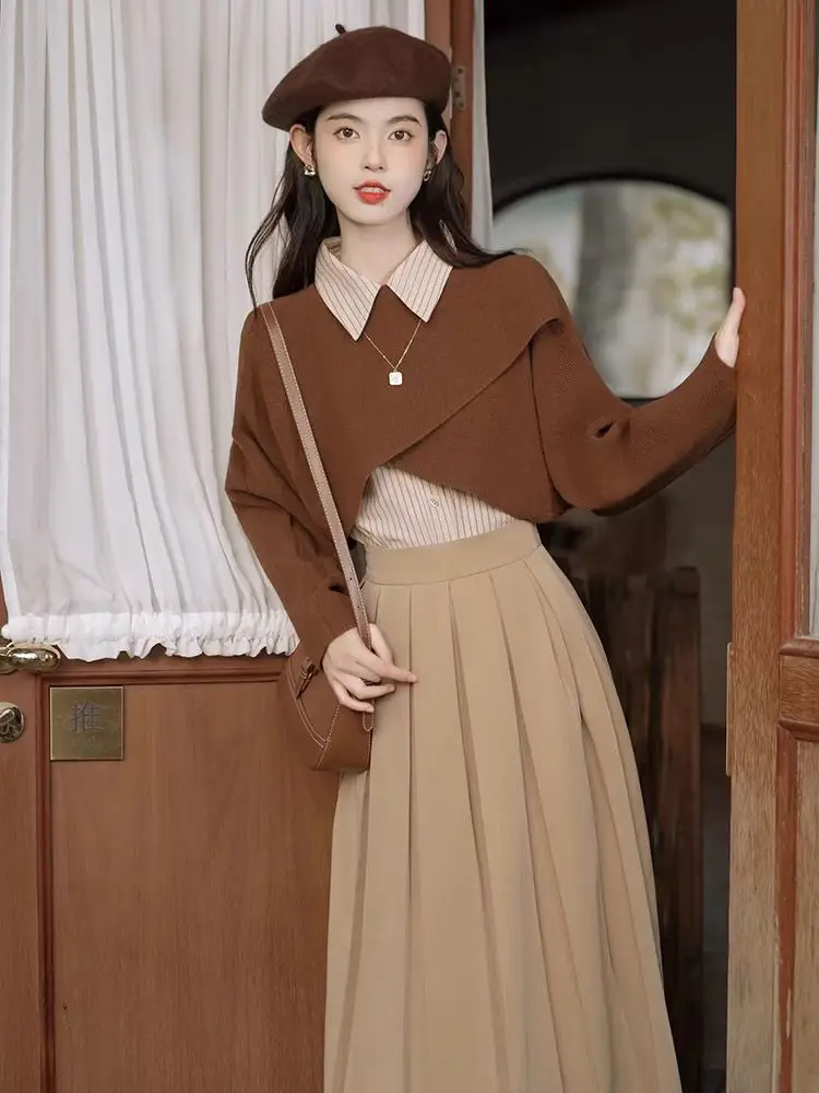 

Fashion Elegant Three Piece Skirt Set Women Spring Autumn Sweater Shirt and Long Skirts Outfits