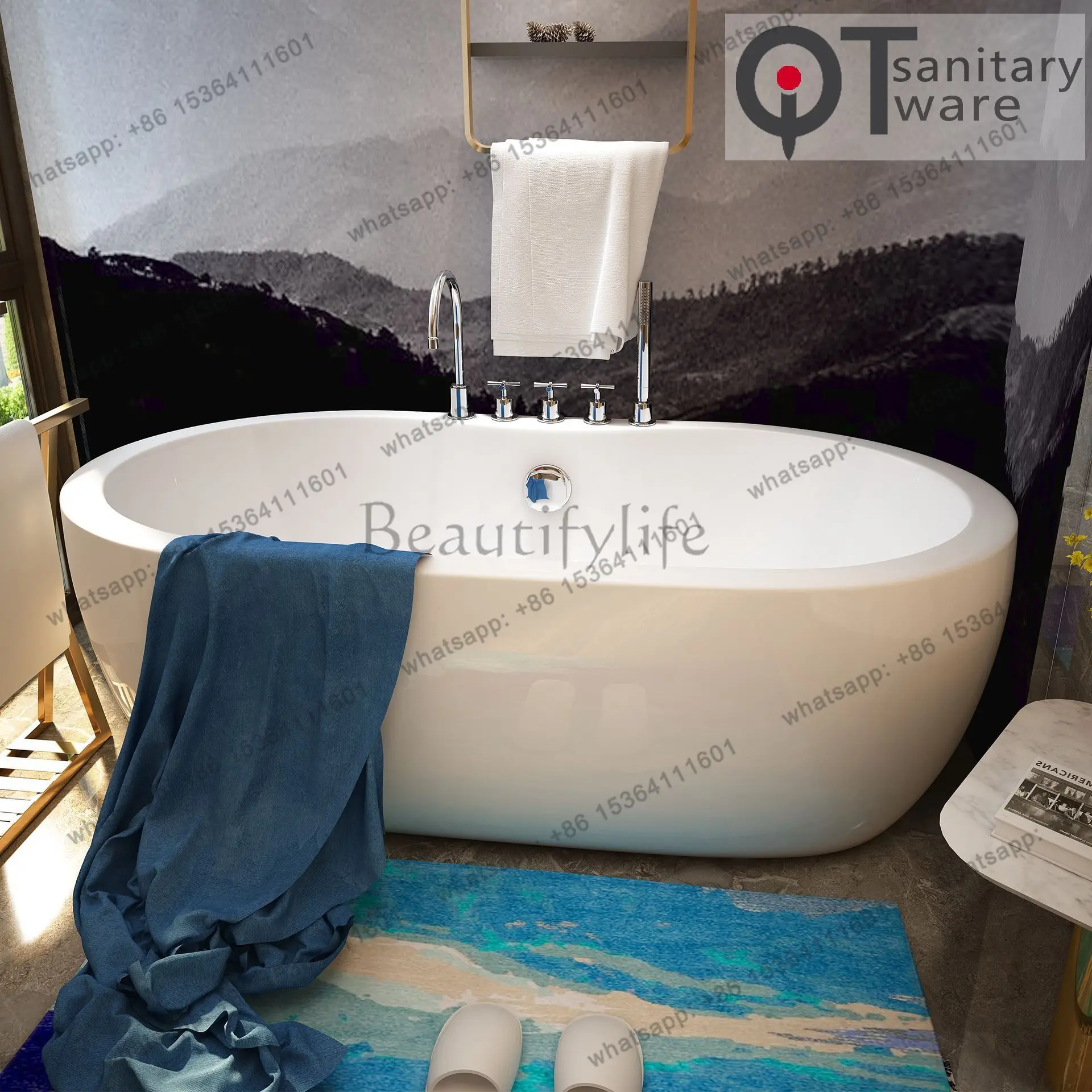 Can be equipped with faucet oval series 1.7 meters integrated process independent acrylic bathtub QT-048