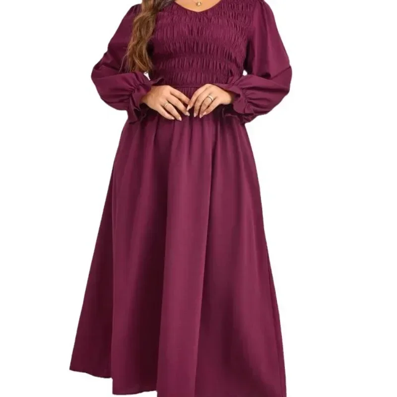 Plus Size Ruched Women Dresses V Neck Elastic Long Puff Sleeves Autumn Fall Sprimg Robe Solid Color Flowy Odzież Damska