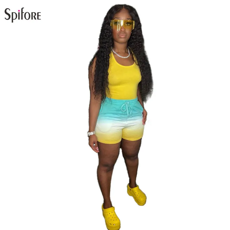 

Spifore 2023 Summer Gradient Two Piece Set Sleeveless U Neck Tanks Top And Elastic Waist Shorts Women Casual Sportswear Clothing