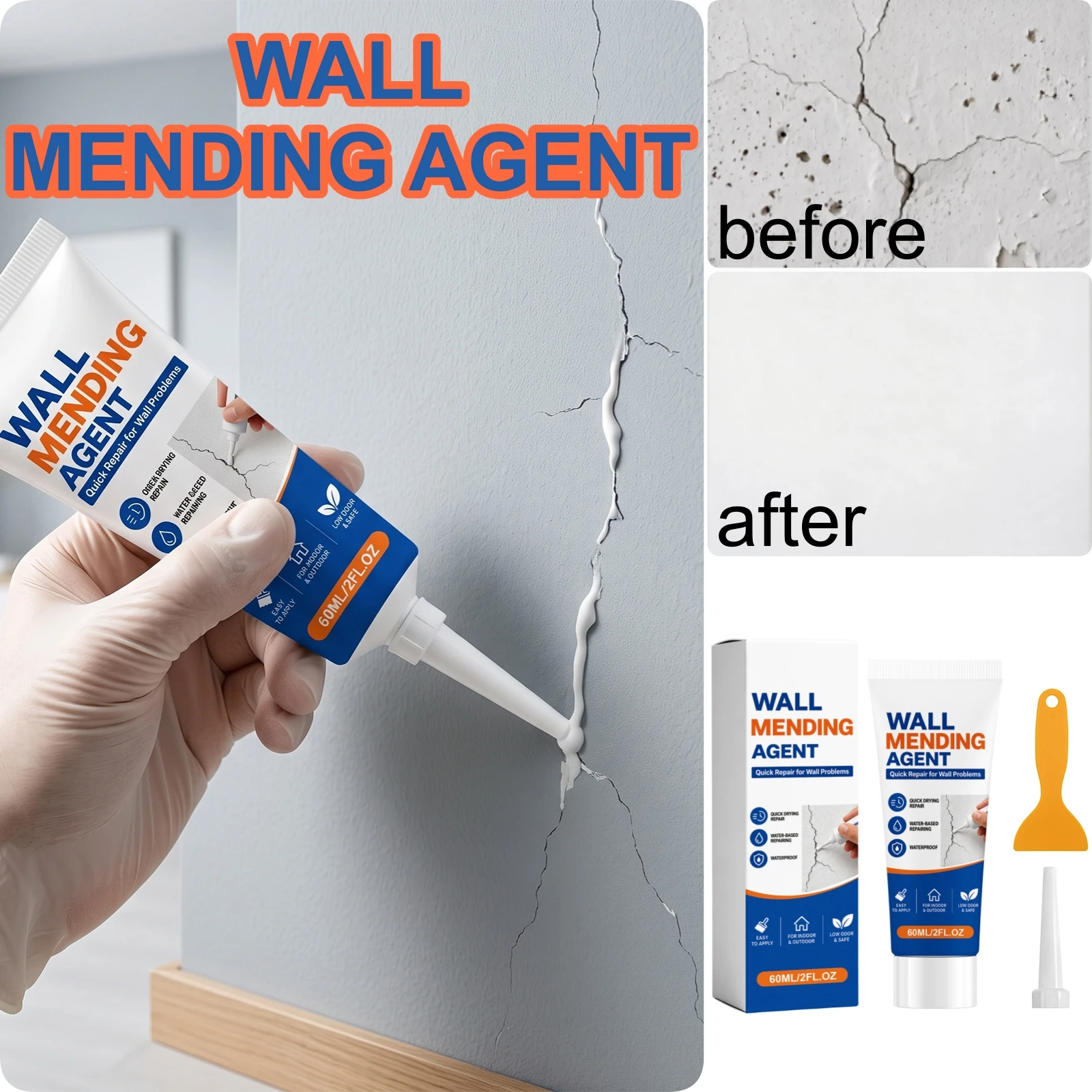Wall Mending Agent 60ml Quick Dry Waterproof With Scraper Nozzle Kit Drywall Plaster Concrete Repair Use Crack Hole Filler Paste