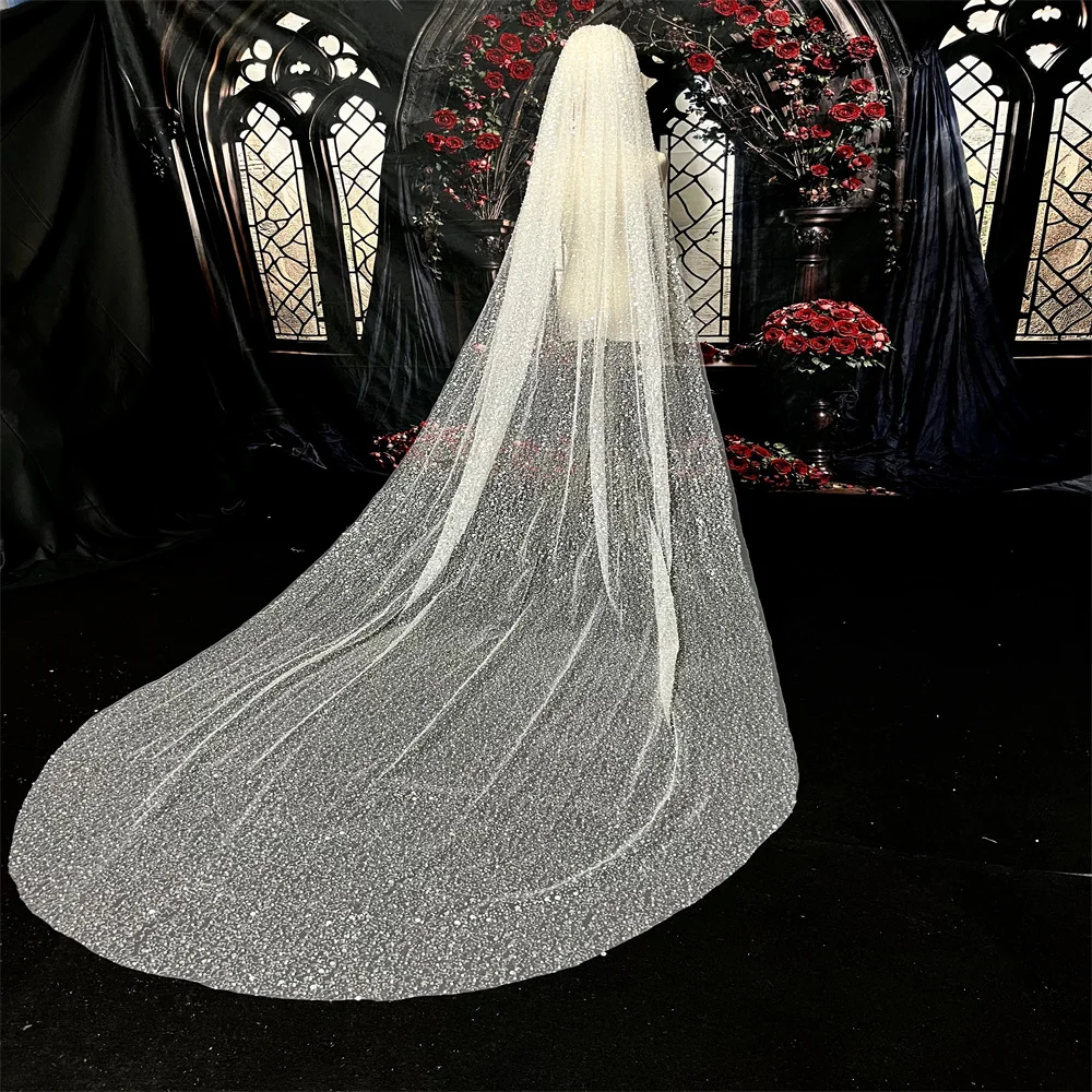 Luxury Wedding Veil Heavy Glitter Beaded Ivory Single Tier 3M Bridal Veil with Sequins Pearls Comb Included image 4
