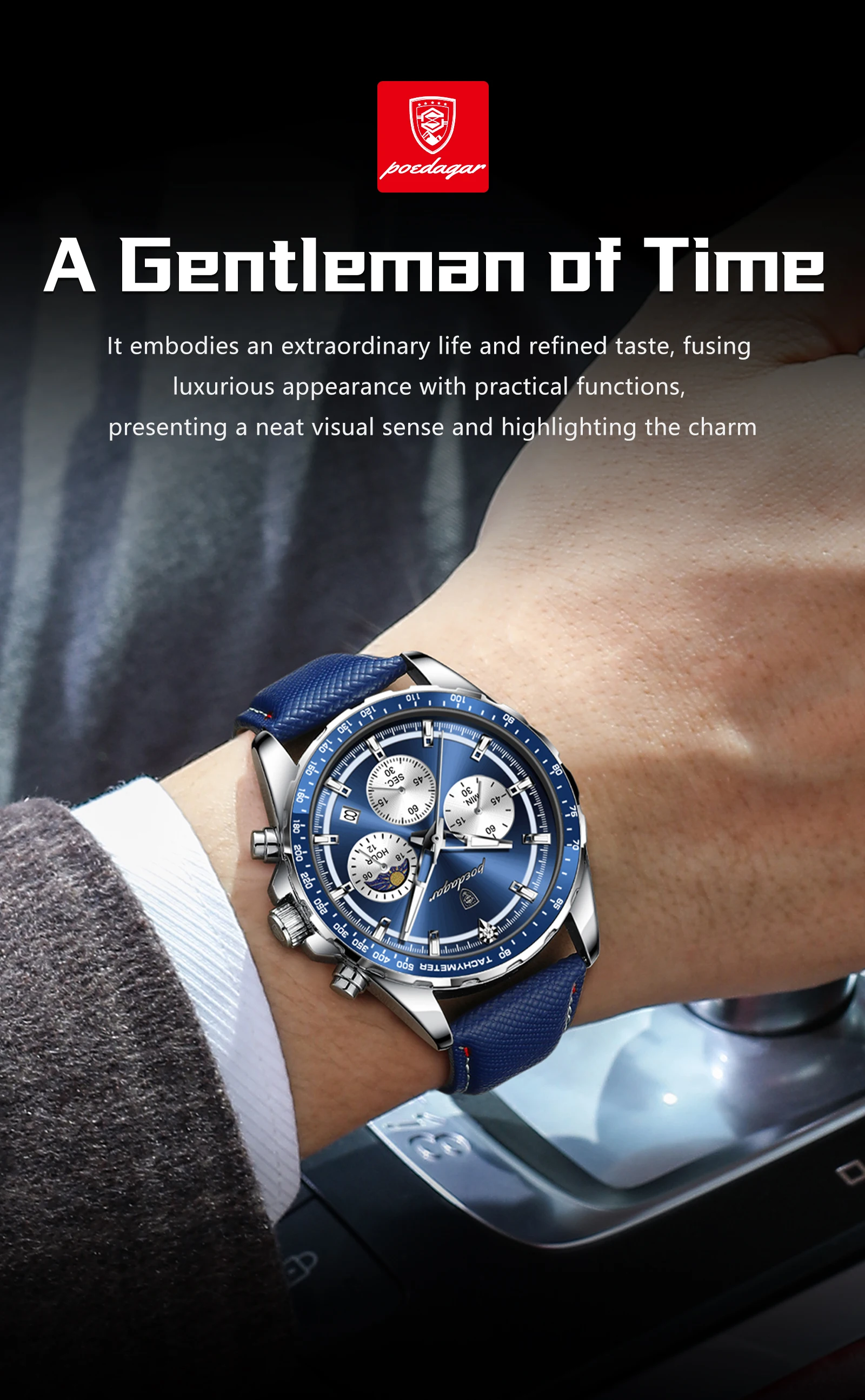 POEDAGAR Original Man Wristwatch Luminous Waterproof Chronograph Date Men Clock Leather Quartz Fashion Sport Men's Watches Reloj S21374c4e6bd047398ad0a68ab6e04516V