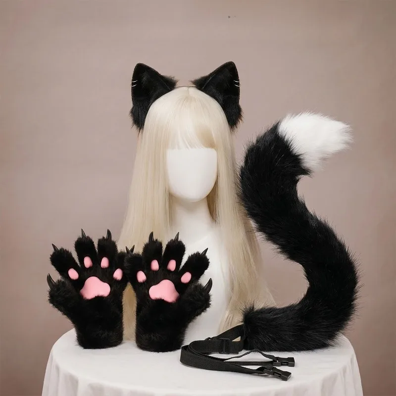 4Pcs/set Plush Fox Ears Tail Fluffy Cat Paw Gloves with Nails Animal Ear Halloween Costume Accessories Furry Kitsune Cosplay Set
