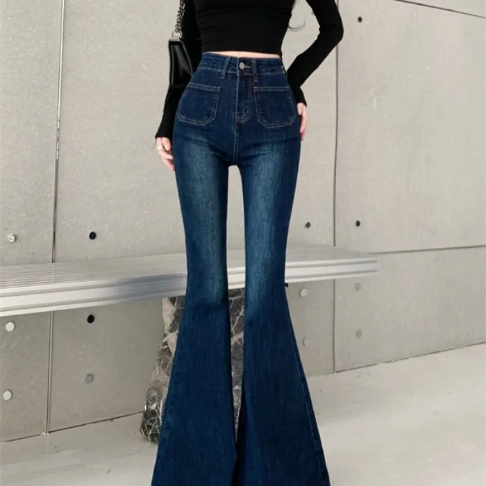 ارتفاع الخصر جرس بوت الجينز المرأة التخسيس تأثير الساق الطويلة مطاطا الدنيم السراويل الخريف الشتاء جديد Sle الأزرق القطن تمتد