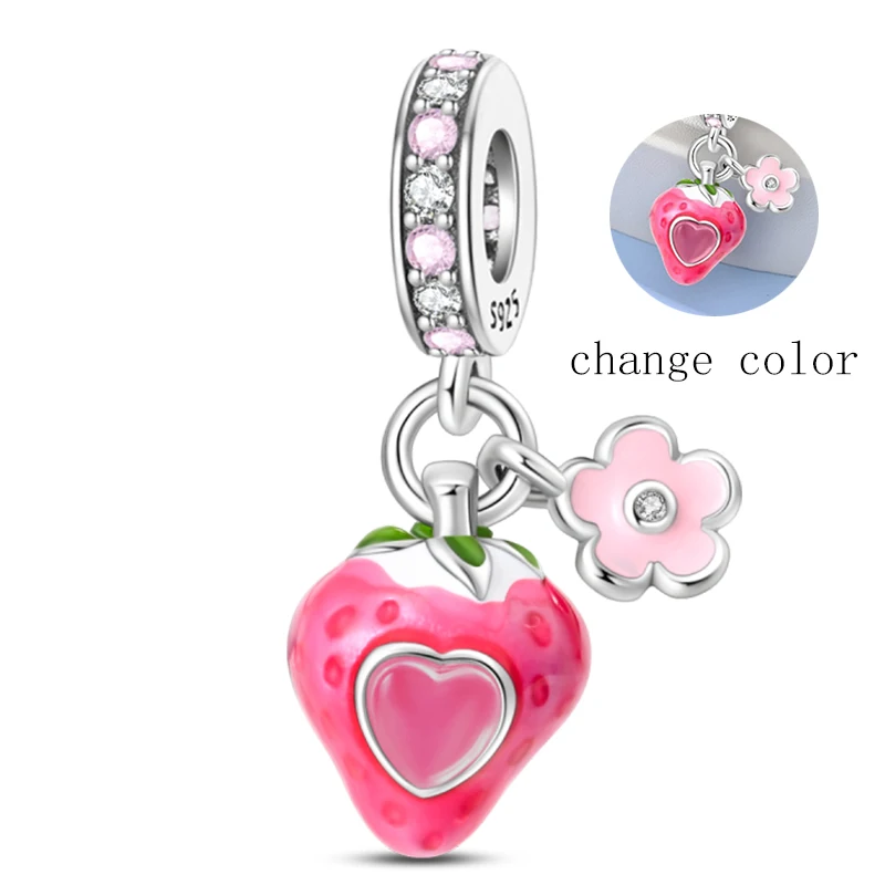 

100% 925 Stering Silver Pink Glazed Strawberry Charms Bead Gem Change Color Pendant Fit Original Bracelet DIY For Women Jewelry