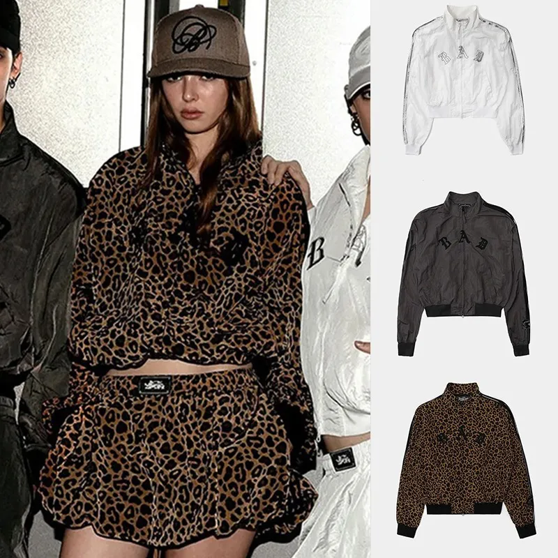 

American Style Retro Leopard Print Stand Collar Short Jacket Loose Casual Sweatshirt Women's Jacket Comfortable Soft Zipper