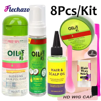 가발 설치 키트 세트 8Pcs 헤어 무스 글로싱 헤어 폴리 셔 두피 오일 엣지 컨트롤 HD 가발 모자 헤어 왁스 스틱 헤어 브러쉬