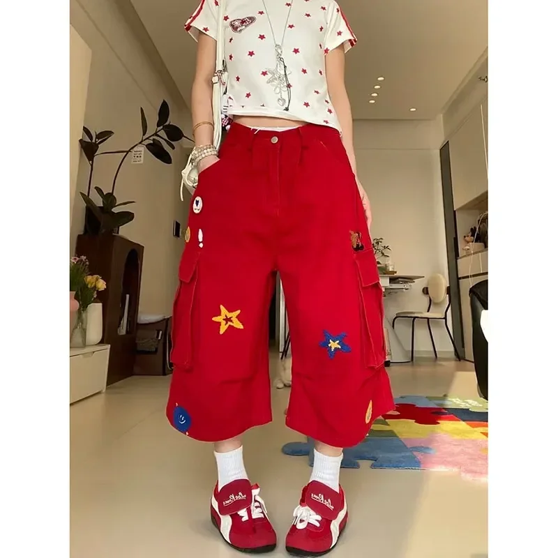 

Women Summer Vintage Print Star Embroidery Y2K Jeans Female Streetwear Casual Retro Red Denim Pants Grunge 2000s Heart Trousers