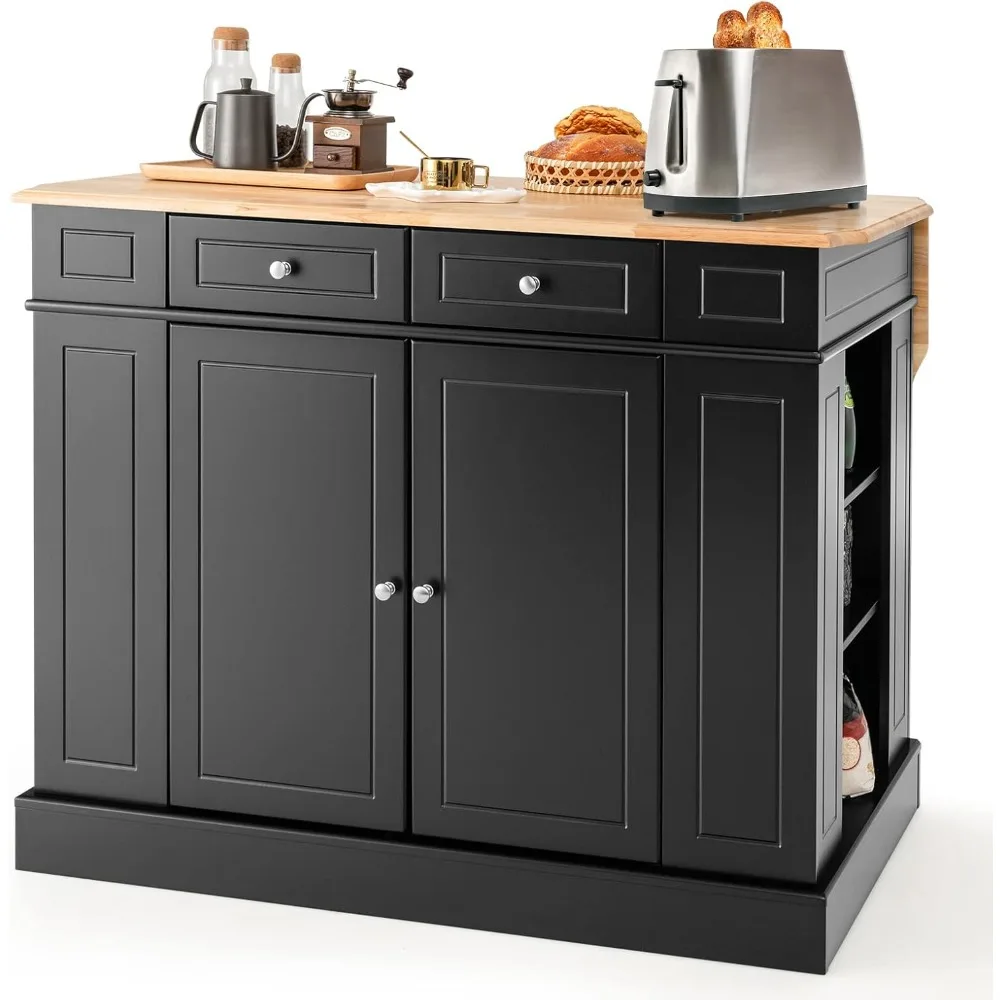 Kitchen Island with Drop Leaf, Kitchen Storage Cabinet with Rubber Wood Top, 2 Drawers, 5 Adjustable Shelves & Spice Racks